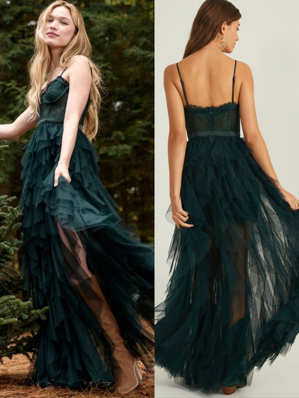 Altar'd State Green Ruffled Tulle Maxi Dress Lace Whimsy Forest Fairy Witchy Med